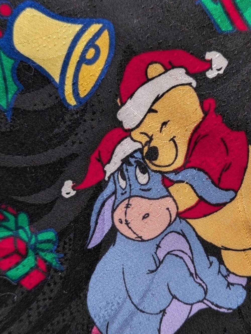 Disney Winnie the Pooh Eeyore Christmas Silk Tie Black Holiday Bells Hand Made